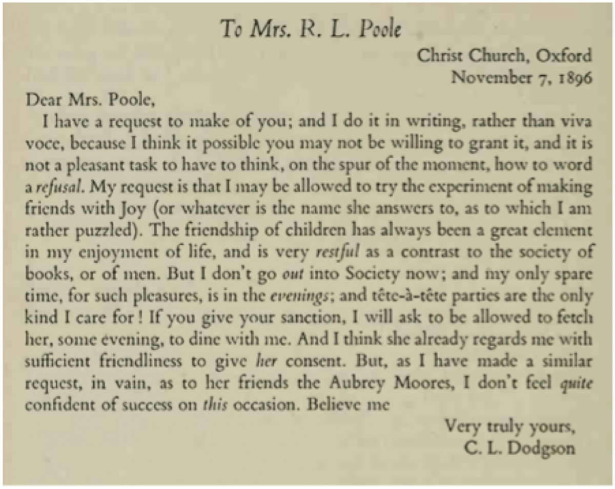 Charles Dodgson to Mrs. Poole (1896), edited by Morton Cohen.