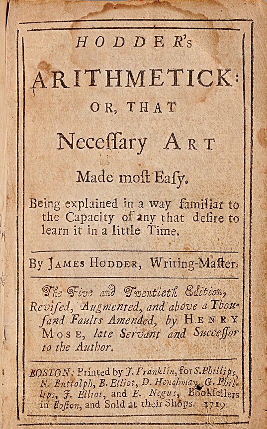 Title page of Hodder's Arithmetick by James Hodder, 25th edition, 1719.