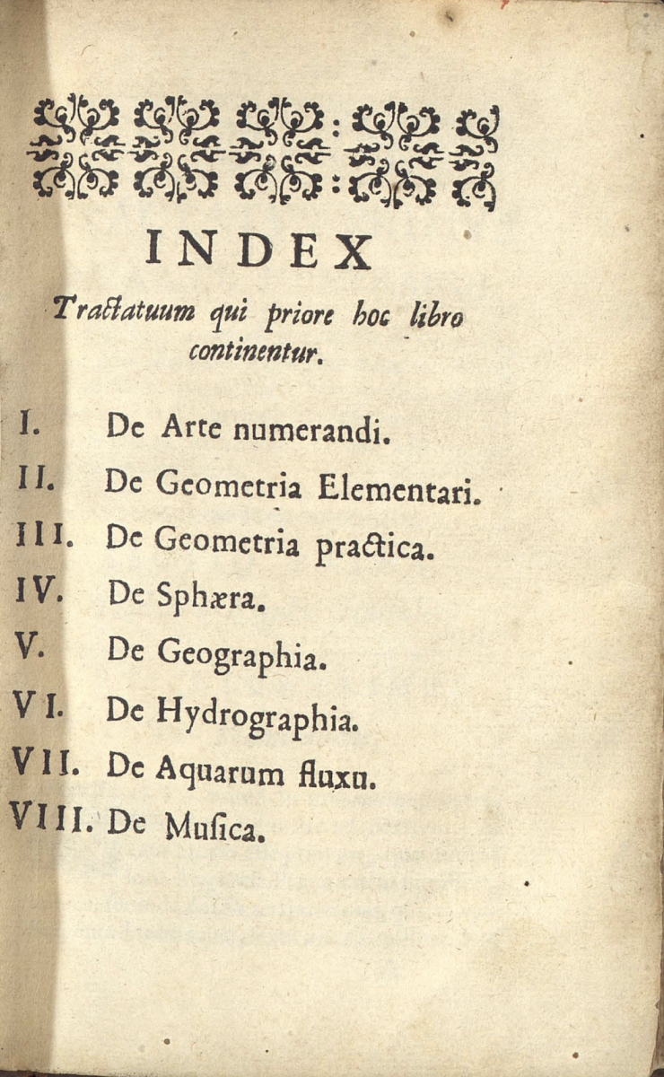 Table of contents for volume 1 of Antoine Thomas's Synopsis Mathematica (1685).