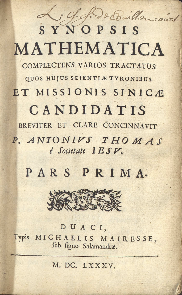 Title page of volume 1 of Antoine Thomas's Synopsis Mathematica (1685).