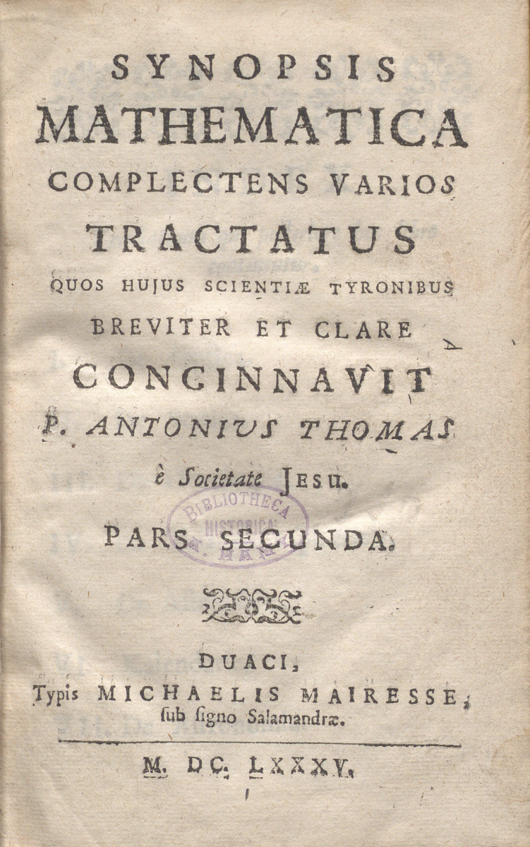 Title page of volume 2 of Antoine Thomas's Synopsis Mathematica (1685).