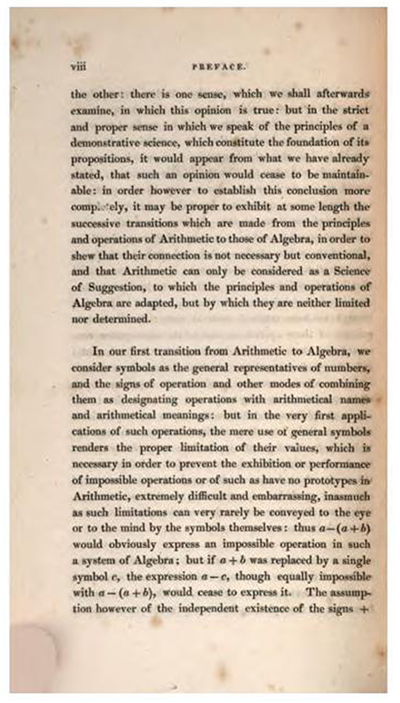 Fourth page of Preface to Treatise on Algebra by George Peacock, 1830