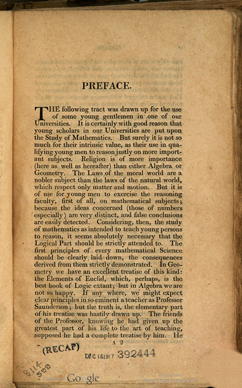 First page of Preface to Rudiments of Mathematics by William Ludlam, 1809 edition
