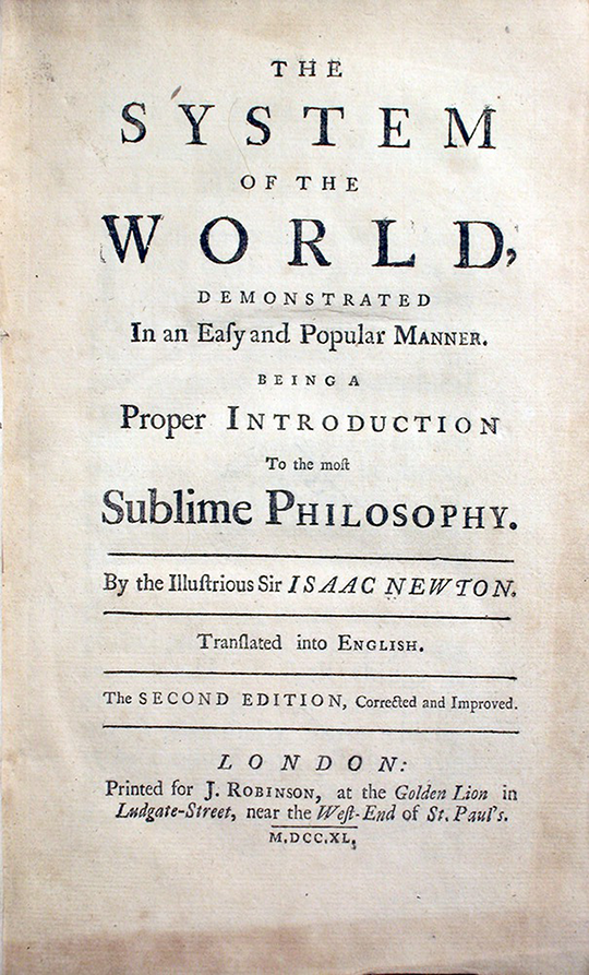 Title page of The System of the World, second edition, 1740