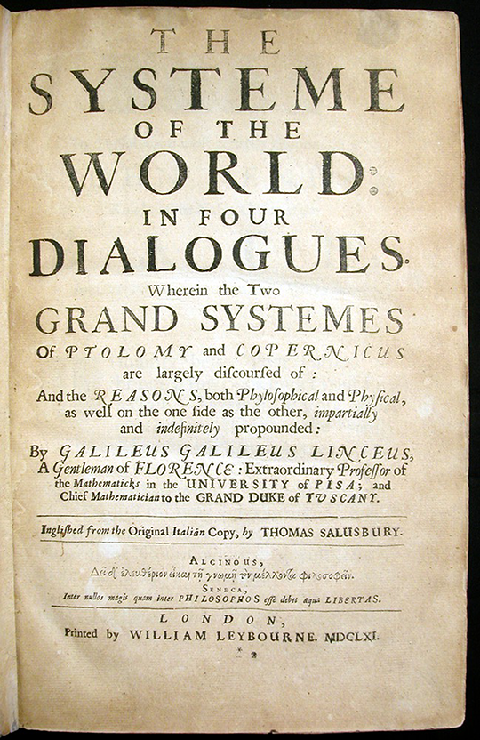 Title page of The Systeme of the World in Four Dialogues, translated by Thomas Salusbury from the work of Galileo, 1661