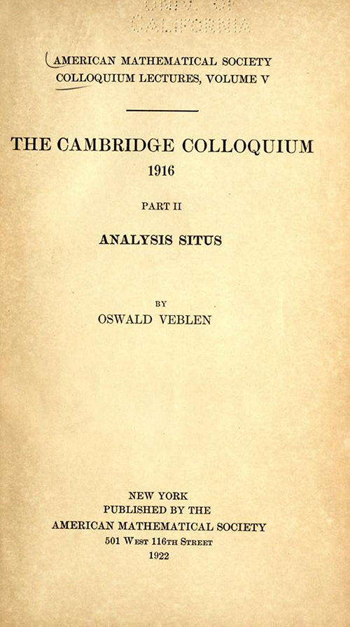 Title page of Analysis Situs by Oswald Veblen (second part of AMS Cambridge Colloquium 1922)