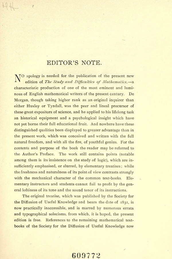 Page 1 of the Editor's Note in On the Study and Difficulties of Mathematics by Augustus De Morgan