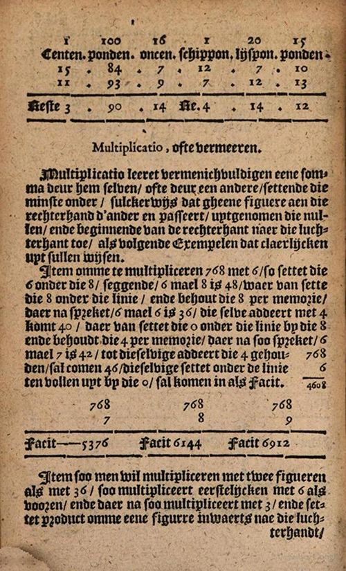 Multiplication examples from 1635 edition of Practicque om te leeren reeckenen by Nicolaus Petri