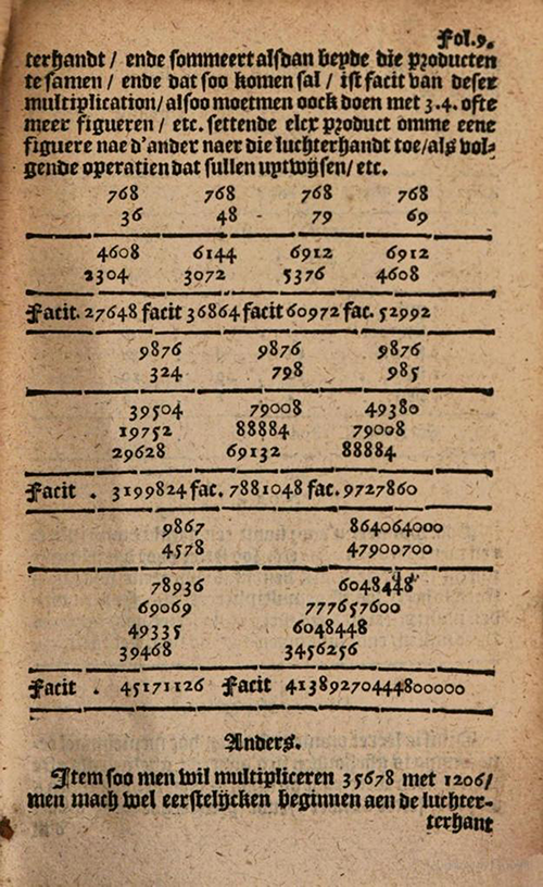 More multiplication examples from 1635 edition of Practicque om te leeren reeckenen by Nicolaus Petri