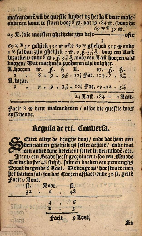 Converse Rule of Three example from 1635 edition of Practicque om te leeren reeckenen by Nicolaus Petri