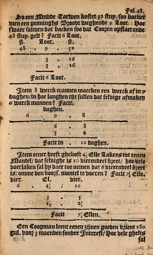 More Converse Rule of Three examples from 1635 edition of Practicque om te leeren reeckenen by Nicolaus Petri
