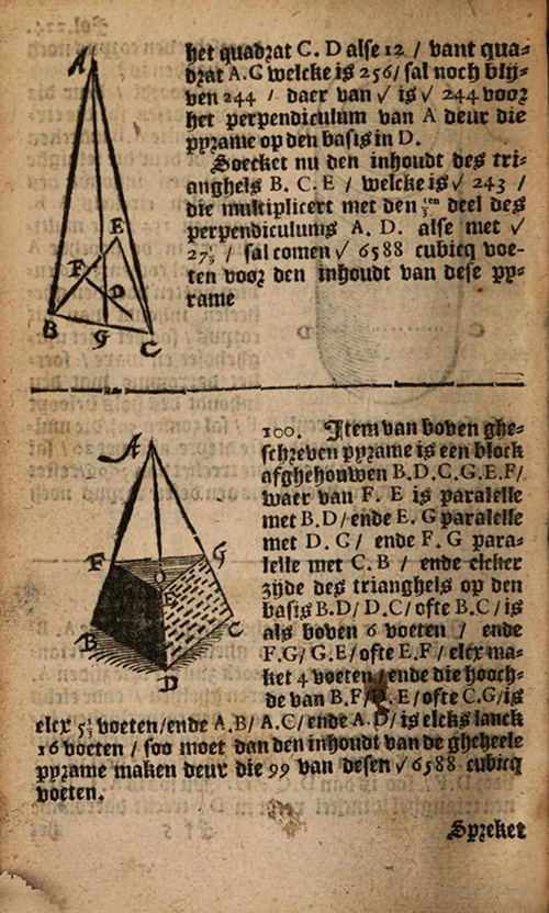 Pyramid diagrams from 1635 edition of Practicque om te leeren reeckenen by Nicolaus Petri