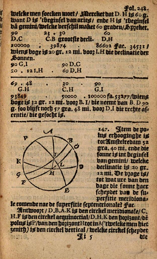Spherical geometry from 1635 edition of Practicque om te leeren reeckenen by Nicolaus Petri