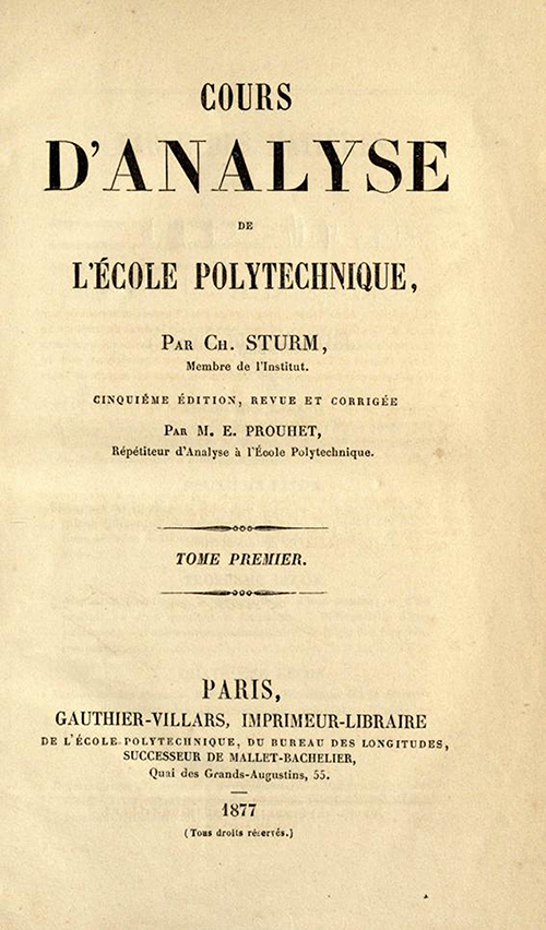 Title page of Cours d'Analyse by Charles Sturm, fifth edition, published in 1877