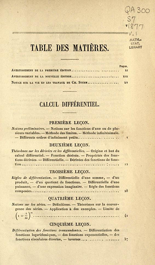 First page of table of contents of Cours d'Analyse by Charles Sturm, fifth edition, published in 1877