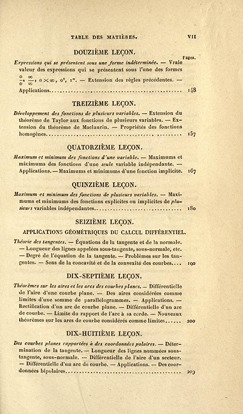 Third page of table of contents of Cours d'Analyse by Charles Sturm, fifth edition, published in 1877