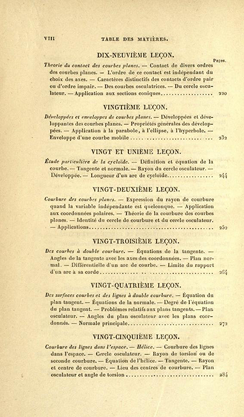 Fourth page of table of contents of Cours d'Analyse by Charles Sturm, fifth edition, published in 1877