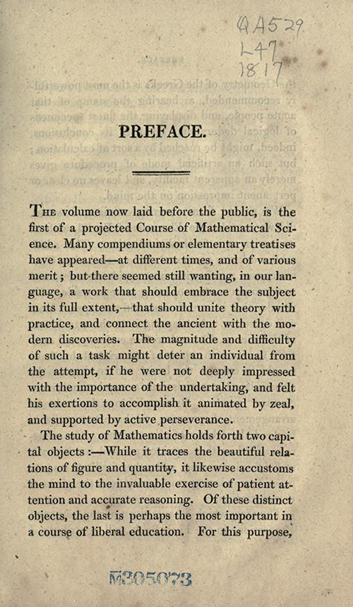 Page one of preface to Elements of Geometry and Plane Trigonometry by John Leslie, third edition, 1817