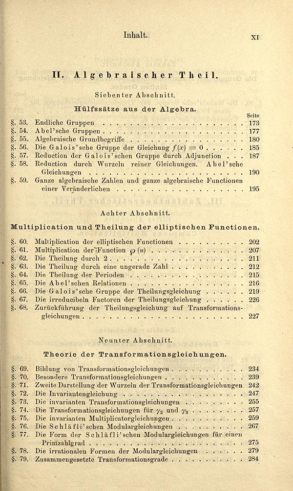Third page of table of contents of Elliptische Functionen und Algebraische Zahlen by Heinrich Weber