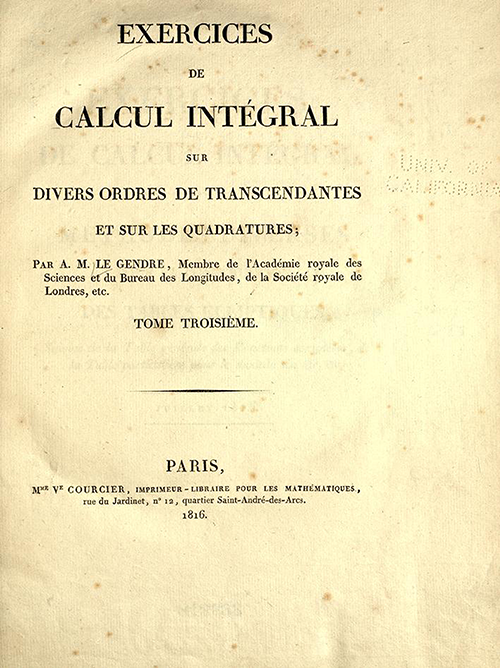 Title page for Exercises de Calcul Integral by Adrien-Marie Legendre, third volume, published in 1816