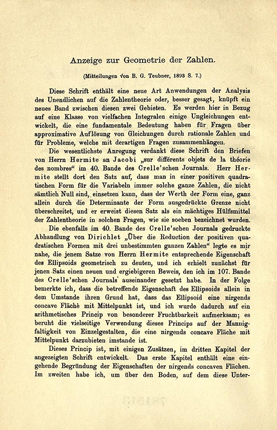 First page of opening comments in Geometrie der Zahlen by Herman Minkowski, 1910