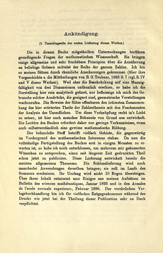 Announcement detailing where work had been previously published from Geometrie der Zahlen by Herman Minkowski, 1910