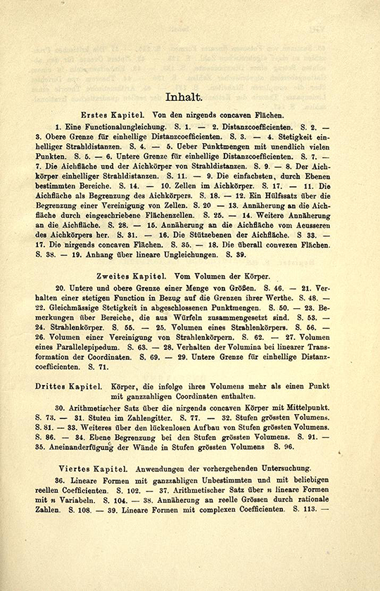First page of table of contents from Geometrie der Zahlen by Herman Minkowski, 1910