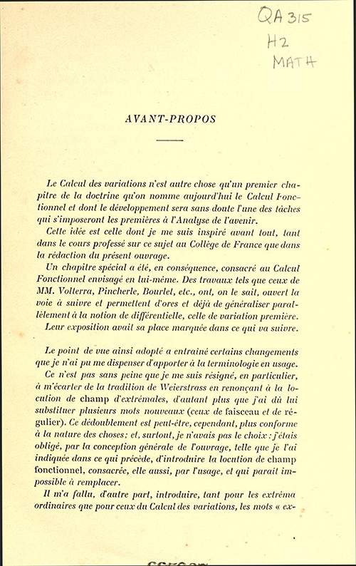 First page of Foreward to Leçons sur le calcul des variations by Jacques Hadamard, 1910