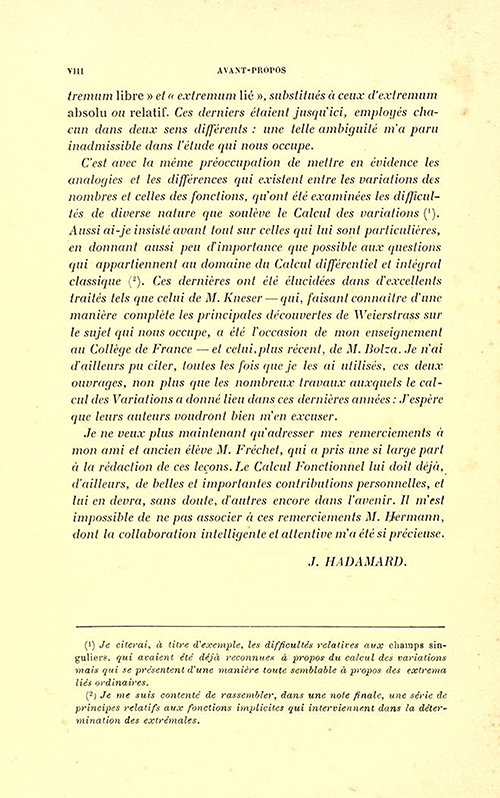 Second page of Foreward to Leçons sur le calcul des variations by Jacques Hadamard, 1910
