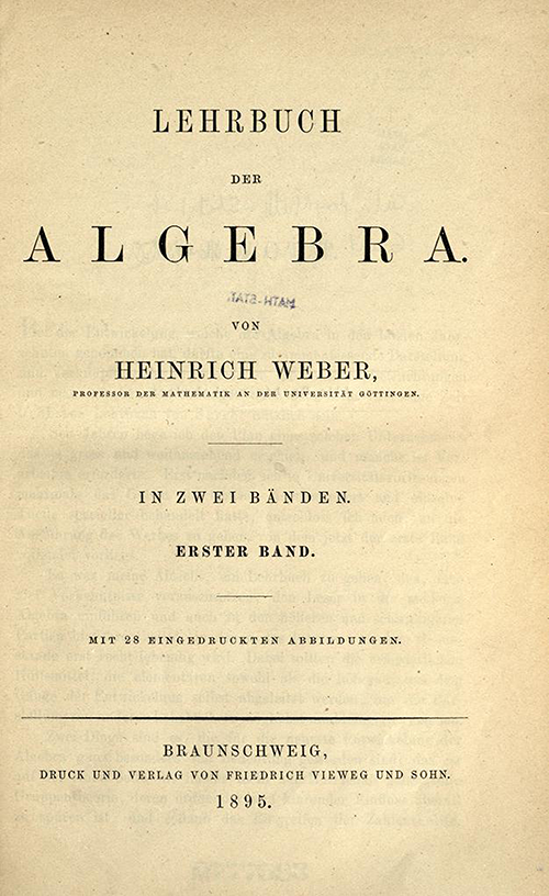 Title page for Lehrbuch der Algebra by Heinrich Weber