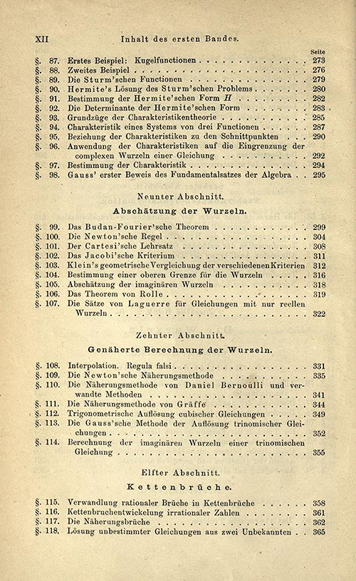 Fourth page of the table of contents for the first volume of Lehrbuch der Algebra