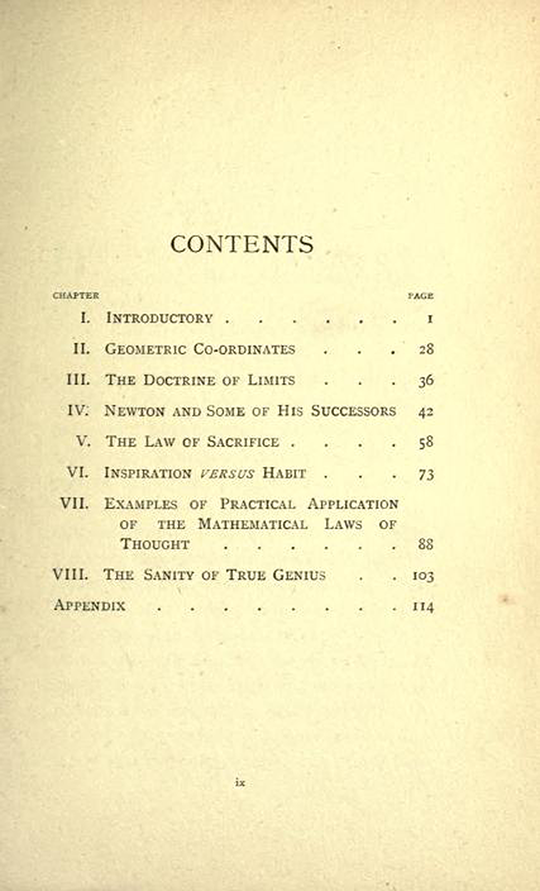 Table of contents from The Mathematical Psychology of Gratry and Boole by Mary Boole, 1897