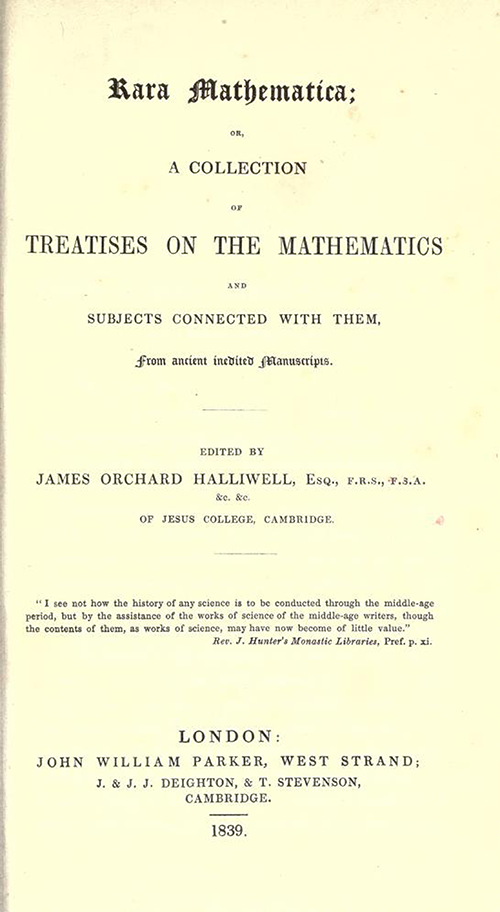 Title page of Rara Mathematica by James Halliwell, 1839
