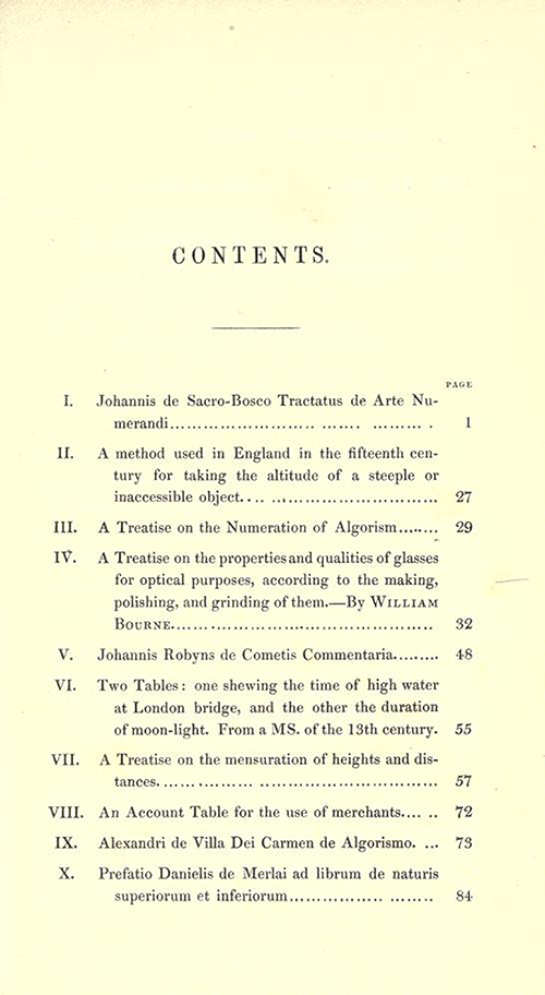 First page of table of contents for Rara Mathematica by James Halliwell, 1839