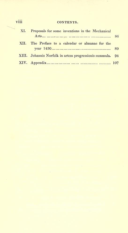 Second page of table of contents for Rara Mathematica by James Halliwell, 1839