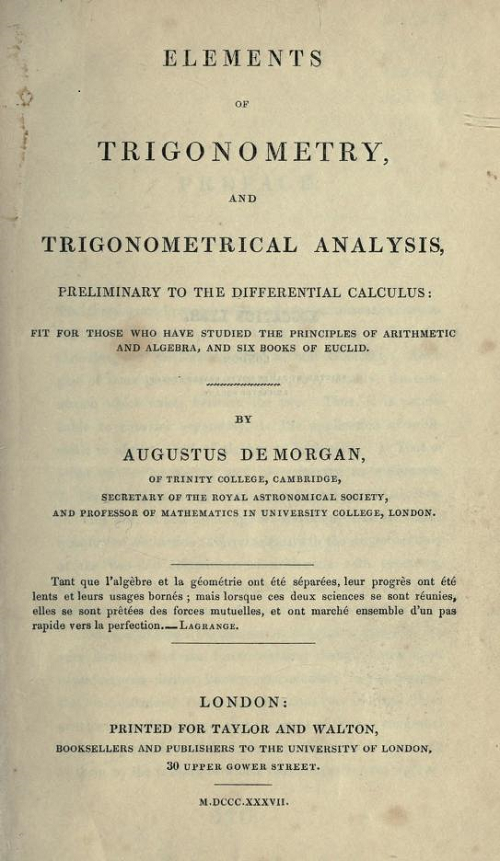 Title page for Elements of Trigonometry and Trigonometrical Analysis by Augustus De Morgan