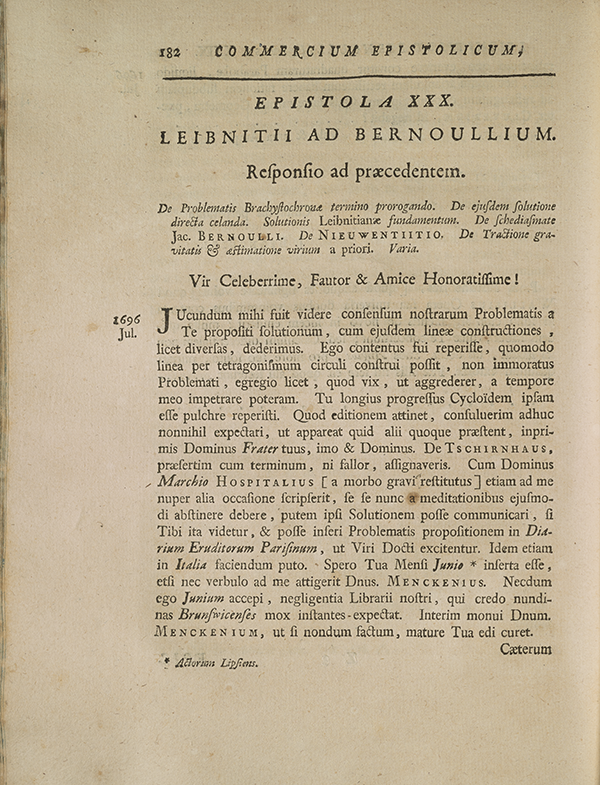 Page 182 of correspondence between Leibniz and Johannes Bernoulli.
