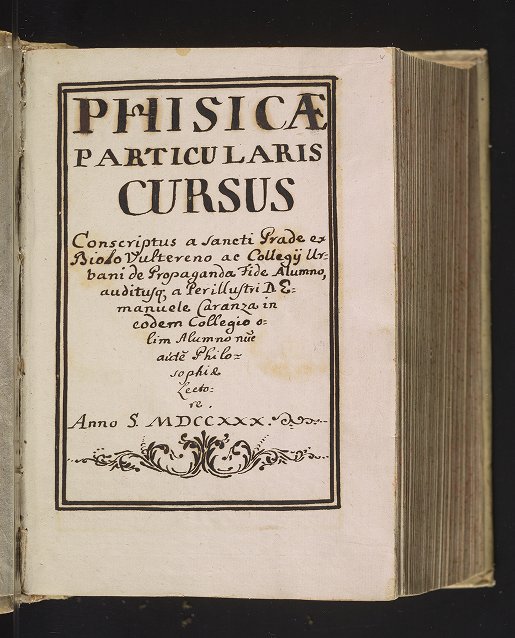 Title page of Phisicae particularis cursus, student notes on Emmanuel Caranza's lectures.