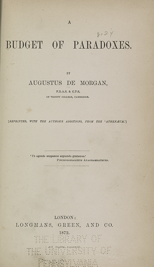 Title page of Augustus De Morgan's Budget of Paradoxes.