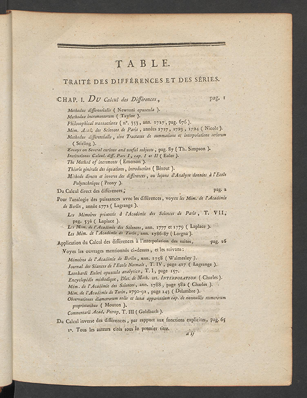 First page of table of contents from Traité des Différences et des Séries by Sylvestre Lacroix, 1800
