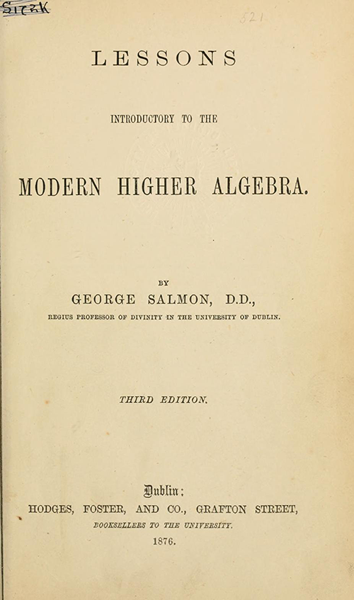 Title page of Lessons Introductory to the Modern Higher Algebra by George Salmon, third edition, 1876