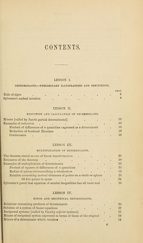 First page of the table of contents from Lessons Introductory to the Modern Higher Algebra by George Salmon, third edition, 1876
