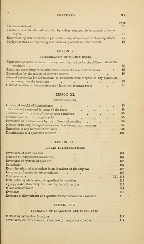 Third page of the table of contents from Lessons Introductory to the Modern Higher Algebra by George Salmon, third edition, 1876