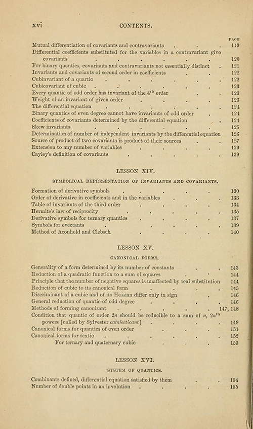 Fourth page of the table of contents from Lessons Introductory to the Modern Higher Algebra by George Salmon, third edition, 1876