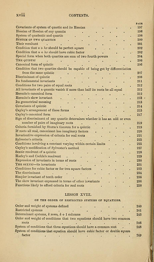 Sixth page of the table of contents from Lessons Introductory to the Modern Higher Algebra by George Salmon, third edition, 1876