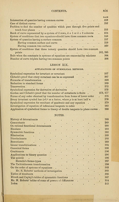 Seventh page of the table of contents from Lessons Introductory to the Modern Higher Algebra by George Salmon, third edition, 1876