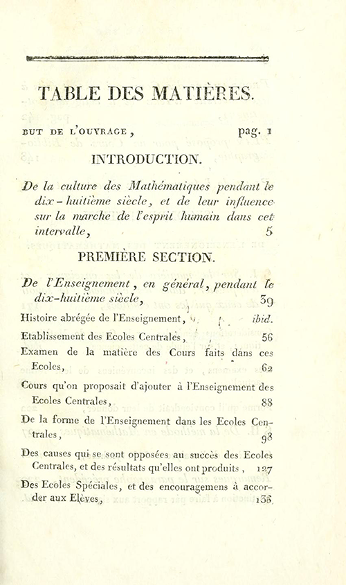 First page of table of contents for Essais sur L’Enseignement en Général by Sylvestre Lacroix, second edition, 1816