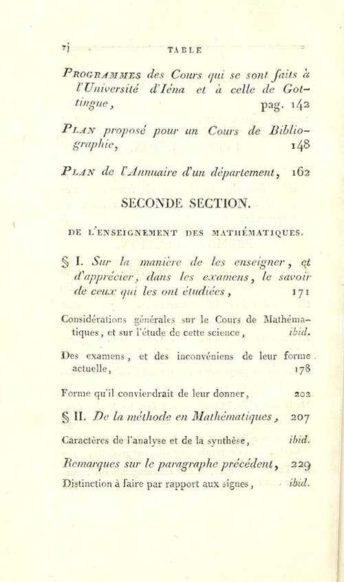 Second page of table of contents for Essais sur L’Enseignement en Général by Sylvestre Lacroix, second edition, 1816