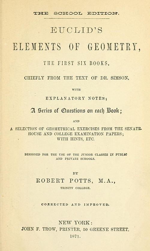 Title page of Euclid's Elements of Geometry by Robert Potts from 1871