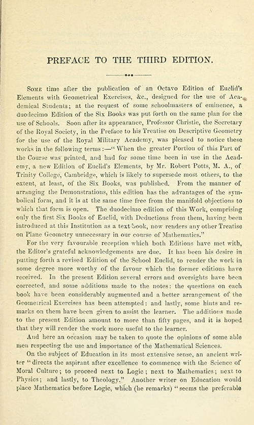 First page of the Preface to Euclid's Elements of Geometry by Robert Potts from 1871